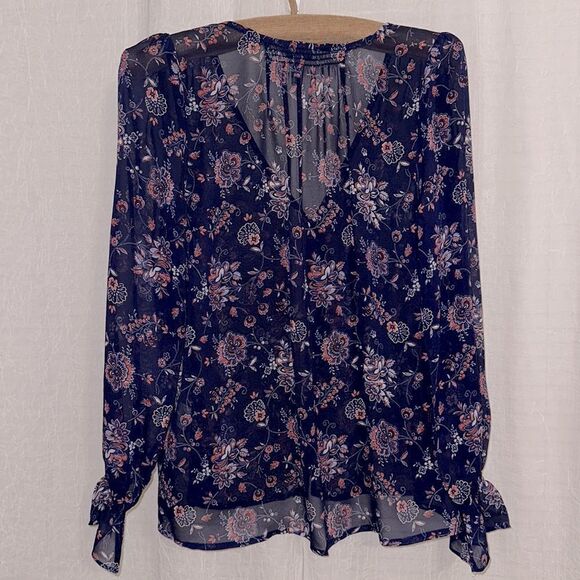 Joie S Navy Floral Silk Romantic Button Front Ruched Back Long Sleeve Blouse - Picture 2 of 12